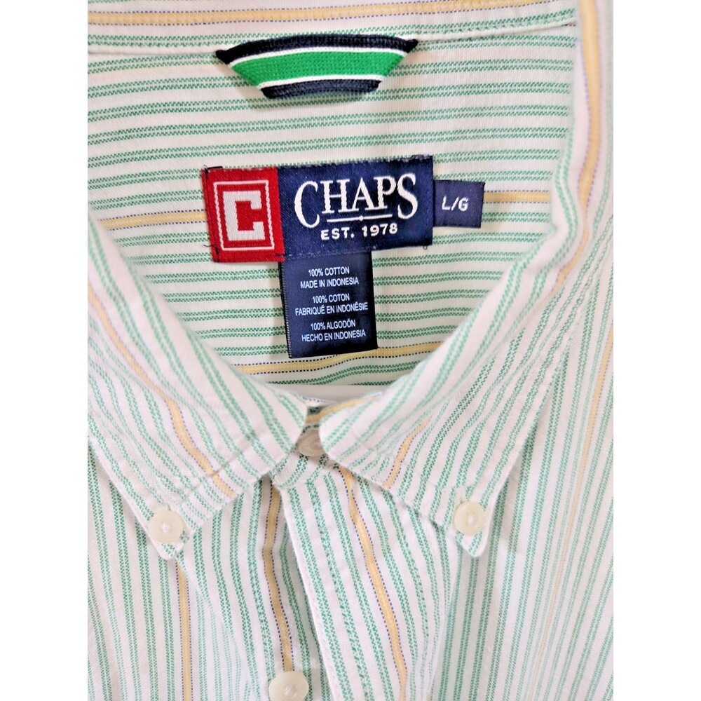 Chaps Oxford Shirt Mens Large Button down Green Blue Striped Pockets